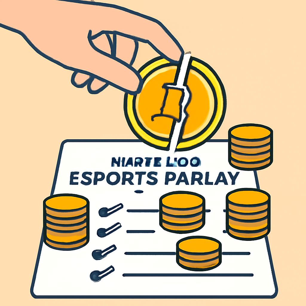 A hand splitting a crypto coin into several smaller stacks, each placed on a multi-leg esports parlay slip.