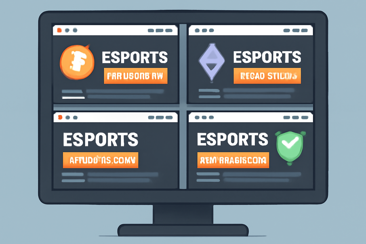 A computer screen displaying several esports betting websites with Bitcoin and Ethereum logos, highlighting bonus offers, modern UI, and security badges.