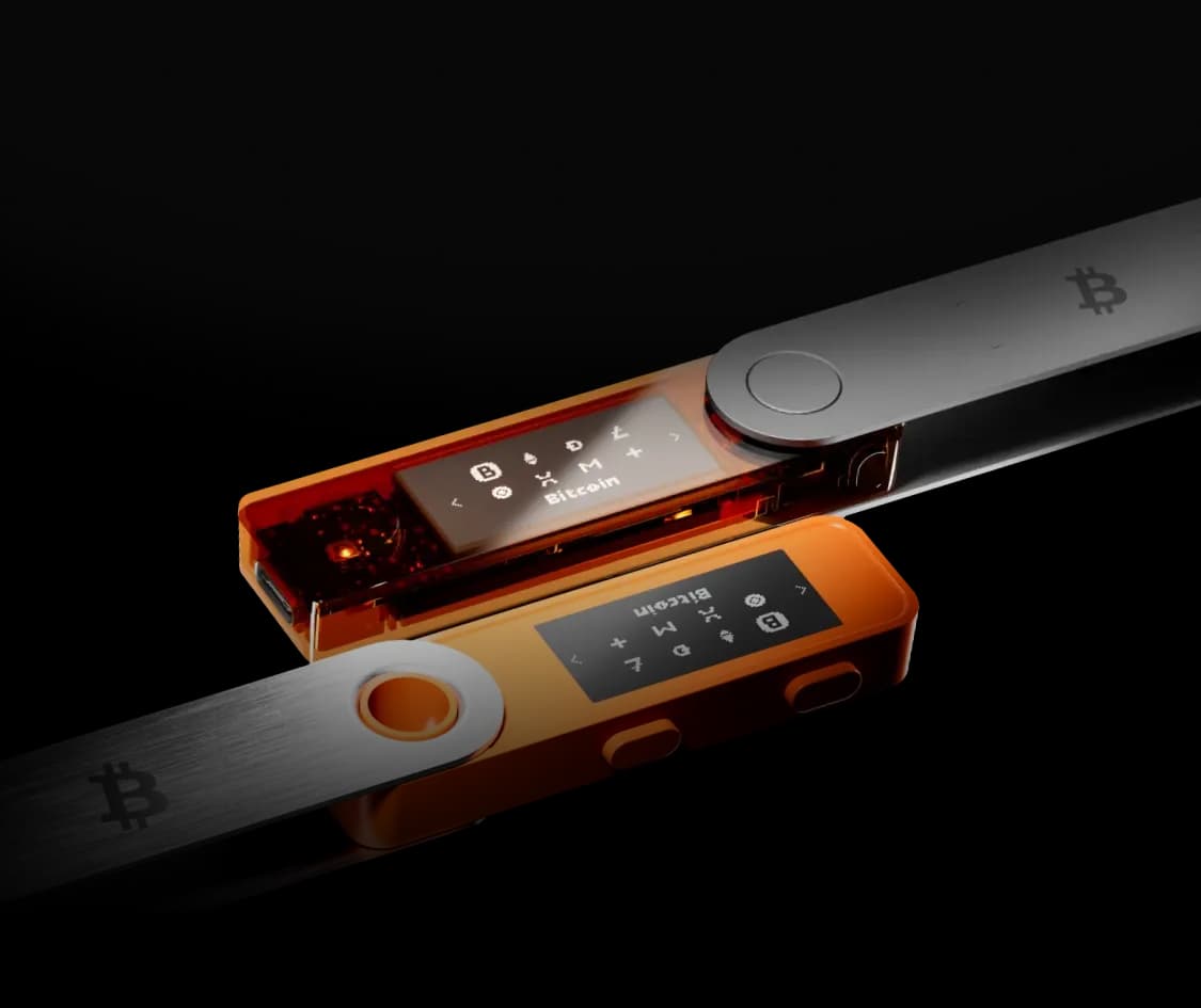 Ledger hardware wallet with Bitcoin logo
