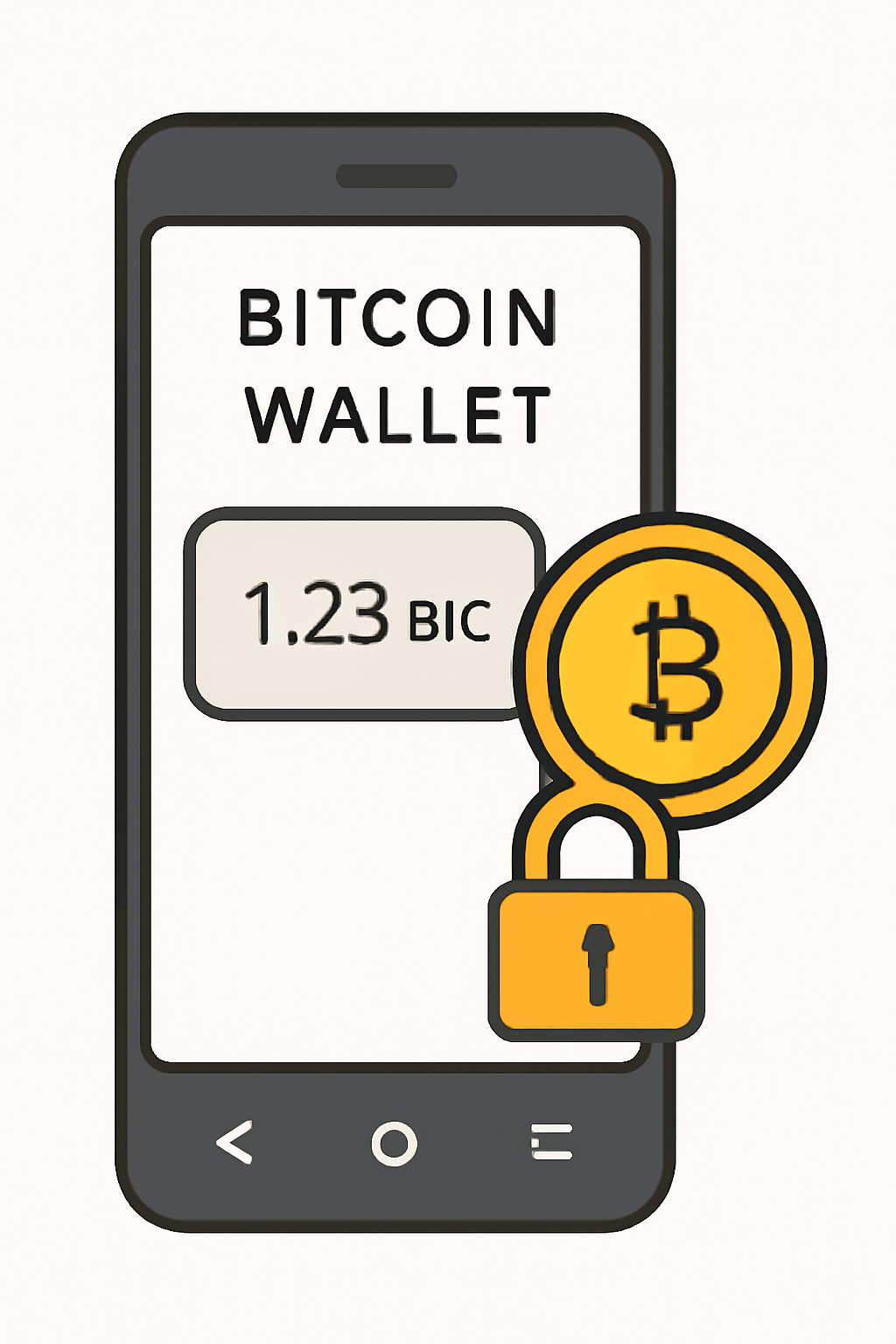 A digital Bitcoin wallet interface on a smartphone, with a golden Bitcoin coin and padlock symbolizing security, sleek and modern look.