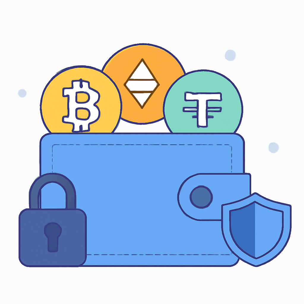 A digital wallet illustration with Bitcoin, Ethereum, and USDT icons, surrounded by a lock and shield for security.