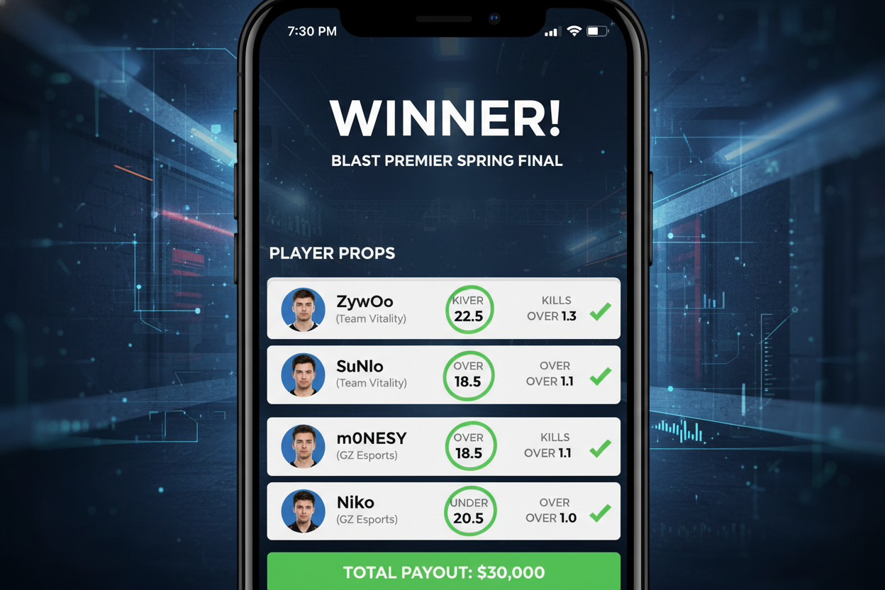 Screenshot of $30,000 PrizePicks win using CS2 player props on BLAST Premier tournament, highlighting successful bets like ZywOo OVER 21.5 kills, m0NESY OVER 19.5 kills, NiKo OVER 1.20 K/D ratio