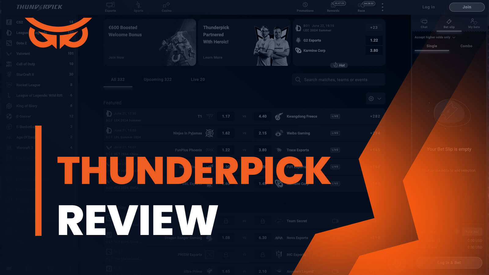 Thunderpick esports betting homepage