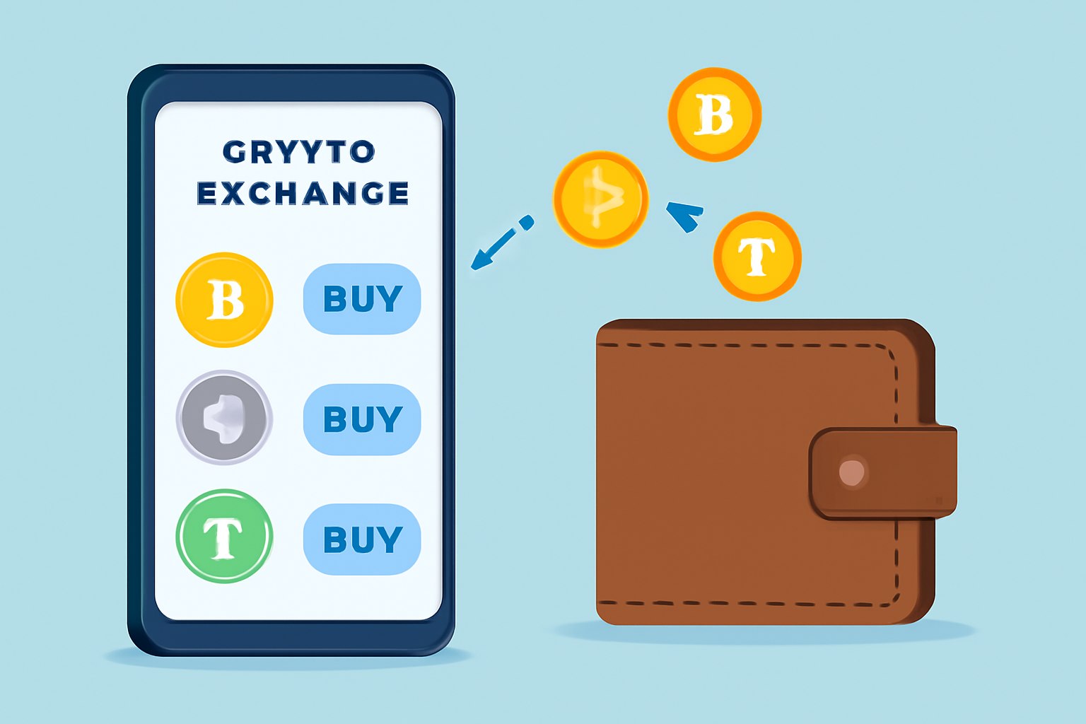 A smartphone showing a crypto exchange app, with buy buttons for BTC, ETH, and USDT, and coins transferring into a wallet.