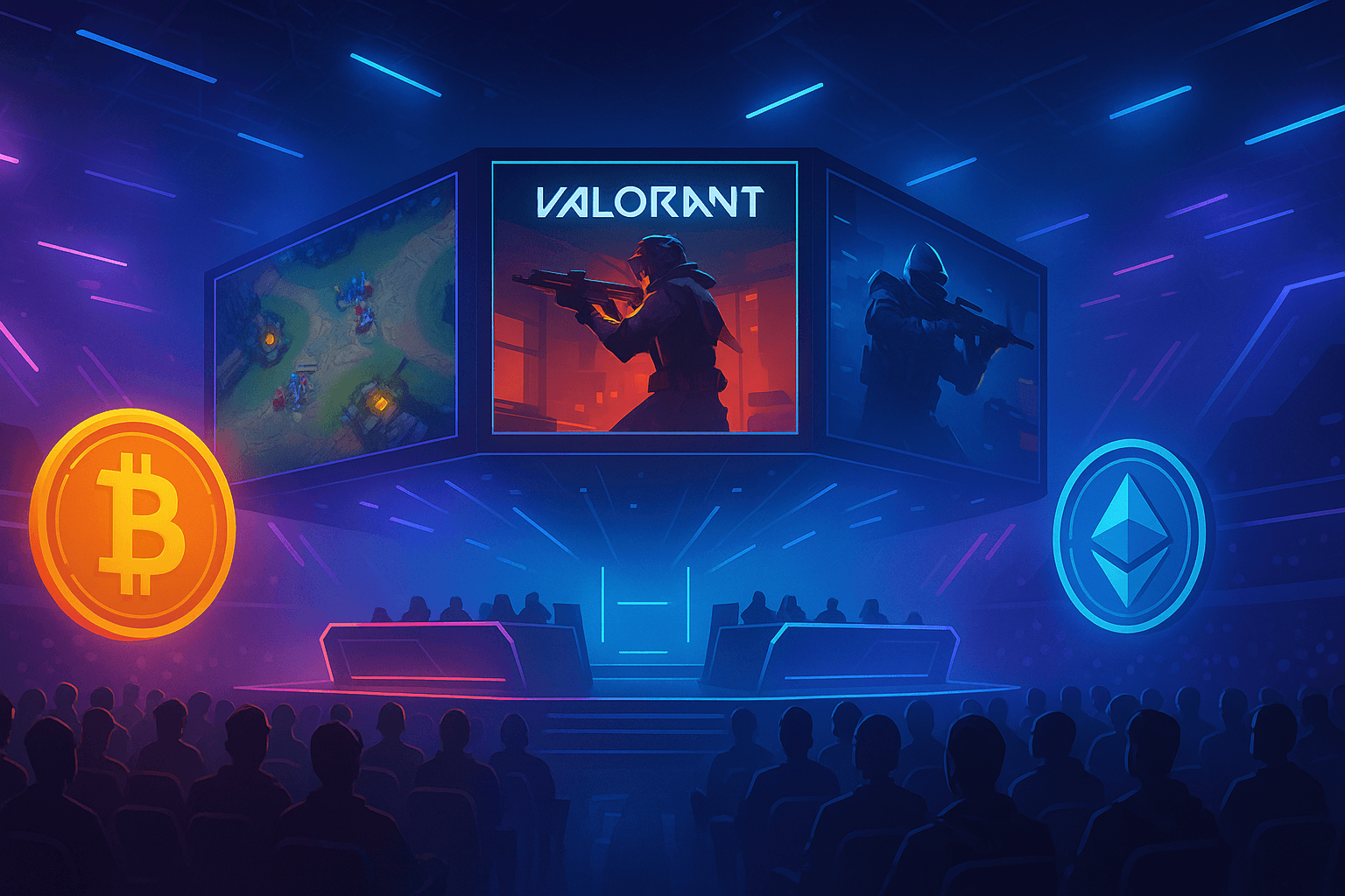 Bitcoin cryptocurrency symbol with CS2, Dota 2, and League of Legends esports tournament logos, representing crypto integration in esports betting for 2025.