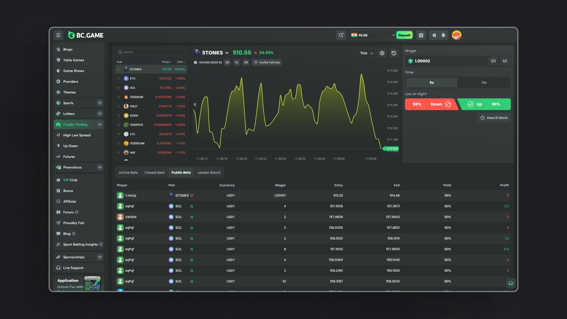 BC.Game esports betting dashboard