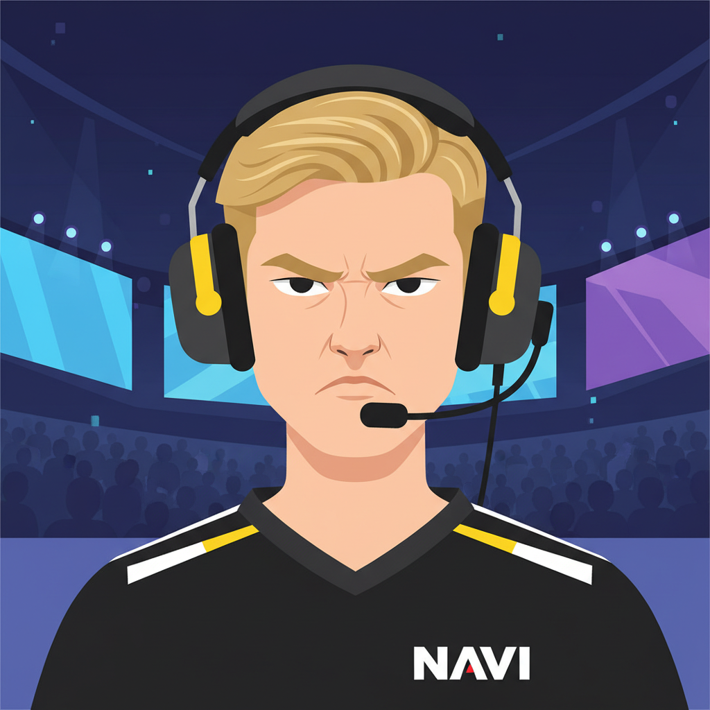 Portrait of s1mple CS2 player, intense focus, gaming headset, esports arena background
