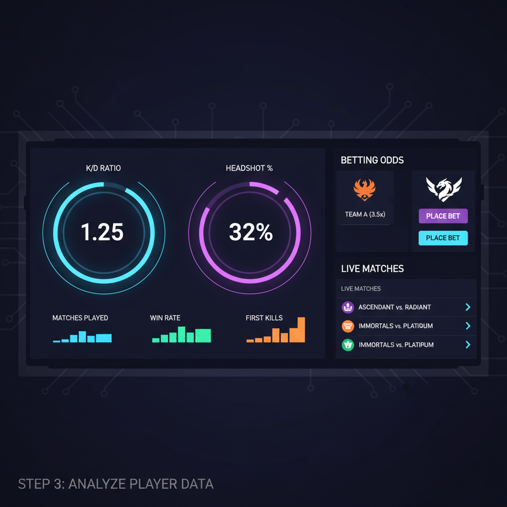 Valorant player stats dashboard showing K/D and headshots, glowing charts, esports betting theme