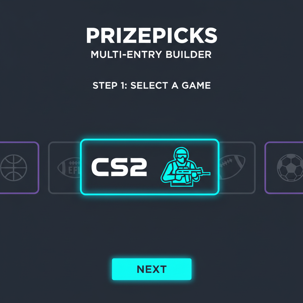 Multi-entry PrizePicks lineup builder with CS2 players highlighted, futuristic interface