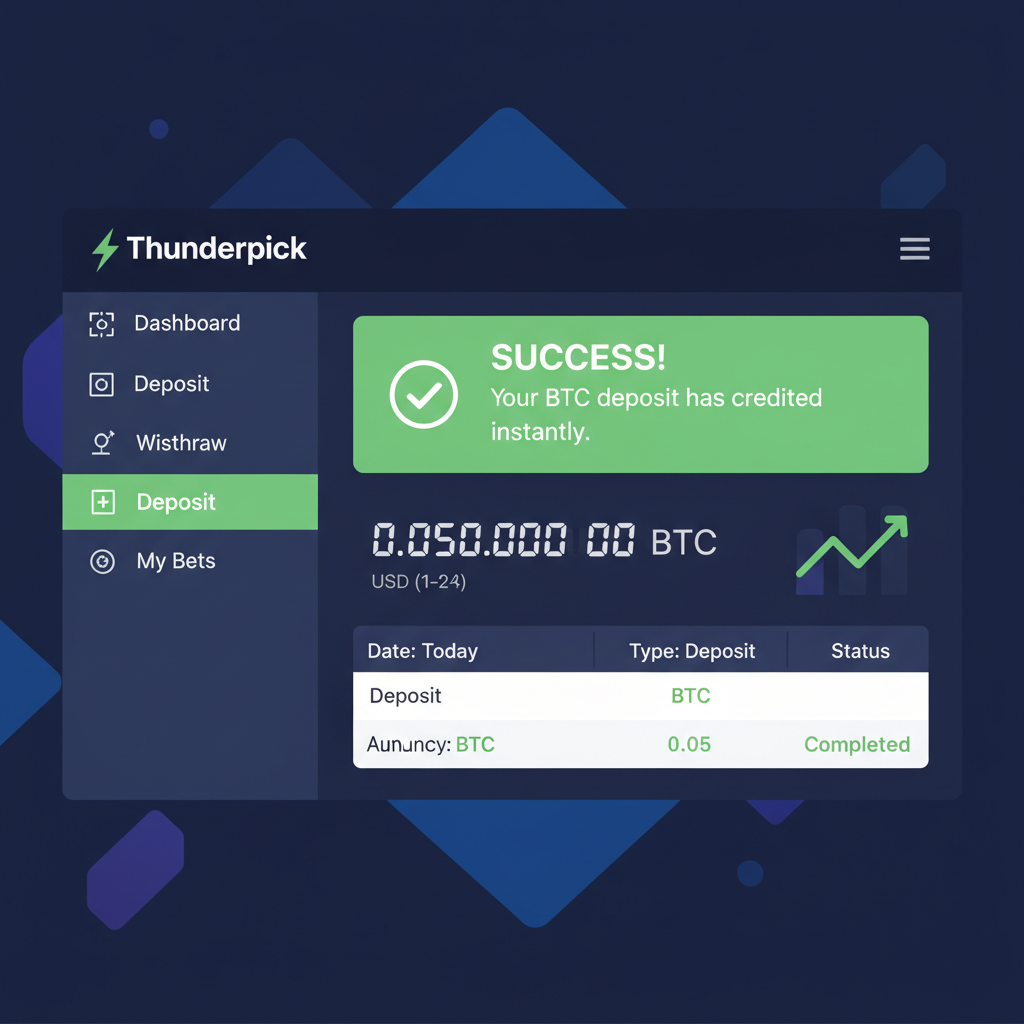 Thunderpick dashboard showing instant BTC deposit credited, green success notification